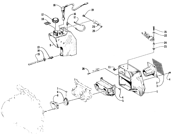 Parts Diagram for Arctic Cat 1996 EXT 580 EFI DX SNOWMOBILE AIR SILENCER AND OIL TANK