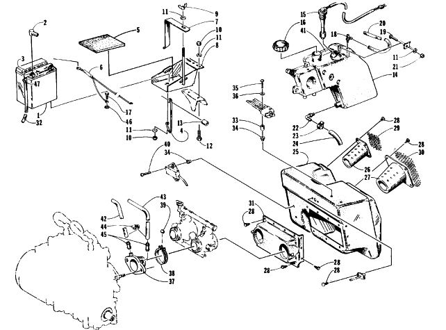 Parts Diagram for Arctic Cat 1996 WILDCAT MOUNTAIN CAT SNOWMOBILE AIR SILENCER, BATTERY, AND OIL TANK ASSEMBLIES