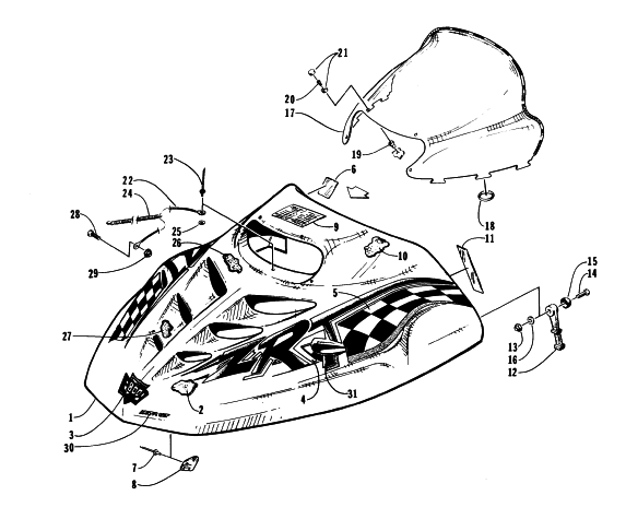 Parts Diagram for Arctic Cat 1996 ZRT 800 SNOWMOBILE HOOD AND WINDSHIELD ASSEMBLY