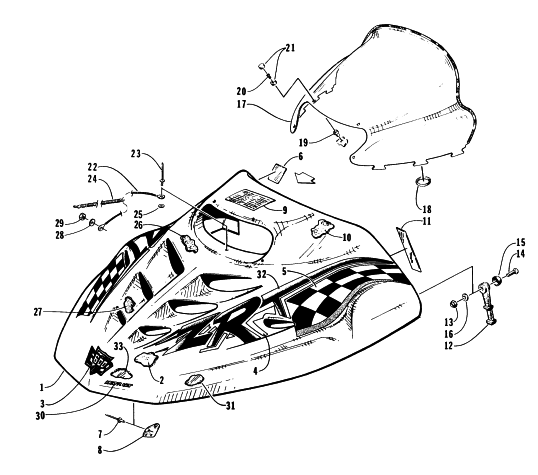 Parts Diagram for Arctic Cat 1996 ZRT 600 SNOWMOBILE HOOD AND WINDSHIELD ASSEMBLY