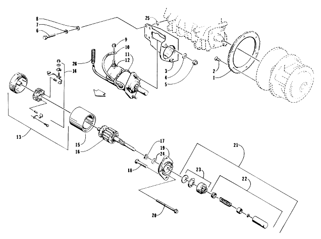 Parts Diagram for Arctic Cat 1996 BEARCAT 440 SNOWMOBILE ELECTRIC START - STARTER MOTOR ASSEMBLY