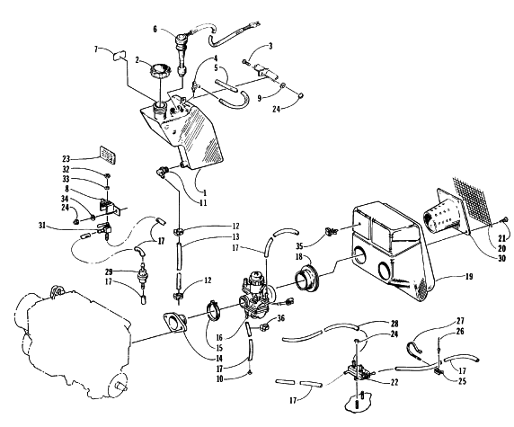 Parts Diagram for Arctic Cat 1996 BEARCAT 440 SNOWMOBILE OIL TANK, CARBURETOR, FUEL PUMP, AND SILENCER