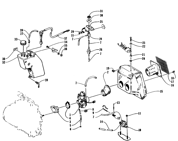 Parts Diagram for Arctic Cat 1996 BEARCAT 550 SNOWMOBILE CARBURETOR, FUEL PUMP, OIL TANK, AND SILENCER