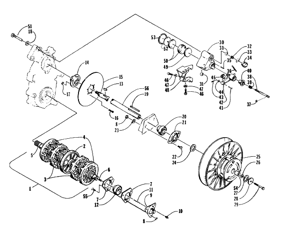 Parts Diagram for Arctic Cat 1996 BEARCAT WIDE TRACK SNOWMOBILE DRIVE TRAIN SHAFTS AND BRAKE ASSEMBLIES