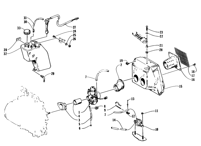 Parts Diagram for Arctic Cat 1996 BEARCAT WIDE TRACK SNOWMOBILE CARBURETOR, FUEL PUMP, OIL TANK, AND AIR SILENCER