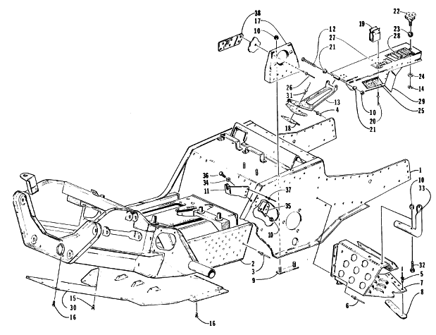 Parts Diagram for Arctic Cat 1996 BEARCAT 440 SNOWMOBILE FRONT FRAME, FOOTREST, AND GUARD ASSEMBLIES