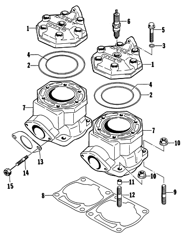 Parts Diagram for Arctic Cat 1997 ZR 440 SNOWMOBILE CYLINDER AND HEAD ASSEMBLY