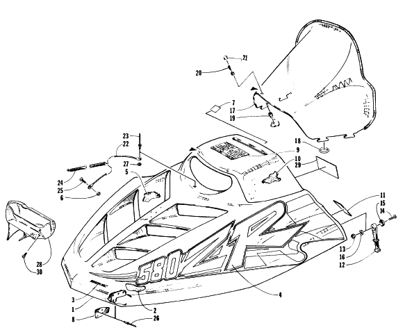 Parts Diagram for Arctic Cat 1996 ZR 580 EFI ETT SNOWMOBILE HOOD AND WINDSHIELD ASSEMBLY