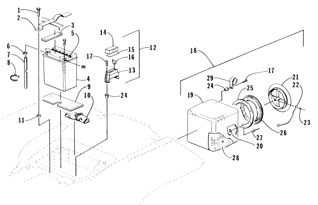 Parts Diagram for Arctic Cat 1996 BEARCAT 4X4 ATV STORAGE BOX AND BATTERY ASSEMBLY