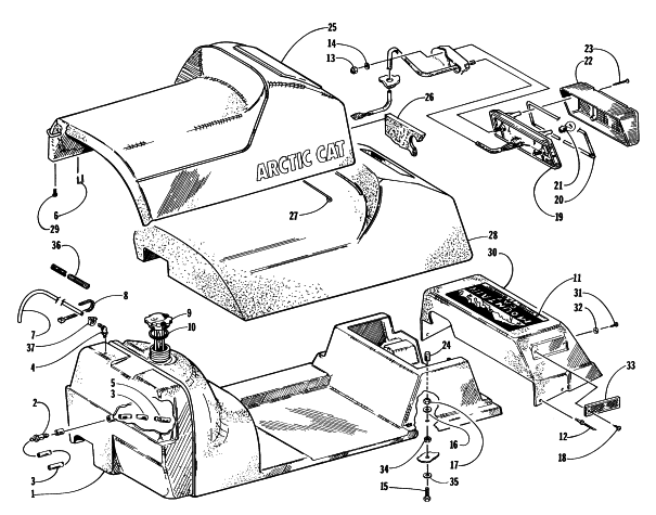 Parts Diagram for Arctic Cat 1997 COUGAR MOUNTAIN CAT SNOWMOBILE GAS TANK, SEAT, AND TAILLIGHT ASSEMBLY