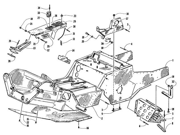 Parts Diagram for Arctic Cat 1997 PANTHER 550 SNOWMOBILE FRONT FRAME, FOOTREST, AND BELT GUARD ASSEMBLY