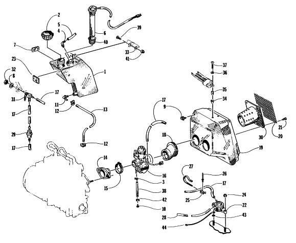 Parts Diagram for Arctic Cat 1997 COUGAR MOUNTAIN CAT SNOWMOBILE OIL TANK, CARBURETOR, FUEL PUMP, AND SILENCER