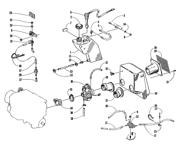 Parts Diagram for Arctic Cat 1997 PANTHER 440 SNOWMOBILE OIL TANK, CARBURETOR, FUEL PUMP, SILENCER