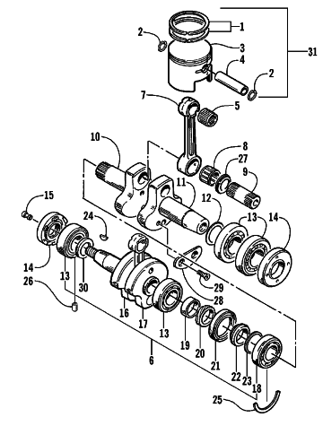 Parts Diagram for Arctic Cat 1998 JAG 440 DELUXE SNOWMOBILE PISTON AND CRANKSHAFT