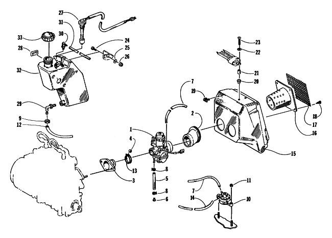 Parts Diagram for Arctic Cat 1998 BEARCAT WIDE TRACK SNOWMOBILE CARBURETOR, FUEL PUMP, OIL TANK, AND AIR SILENCER