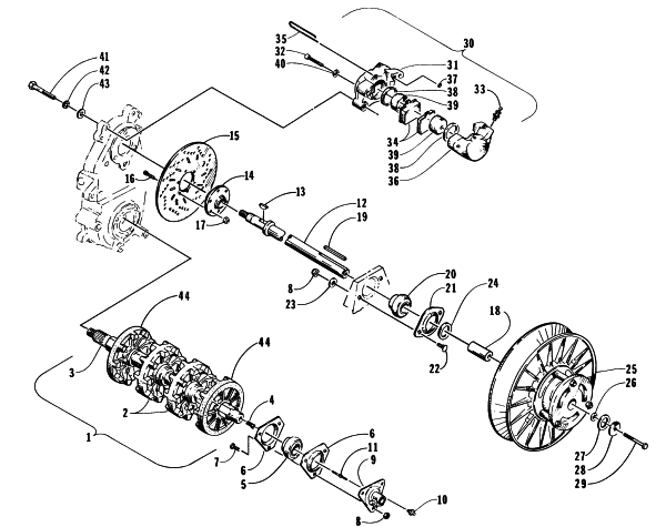 Parts Diagram for Arctic Cat 1997 THUNDERCAT MC SNOWMOBILE DRIVE TRAIN SHAFTS AND BRAKE ASSEMBLIES