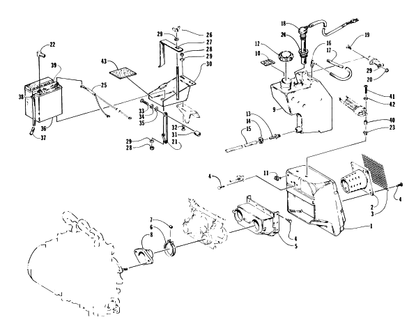 Parts Diagram for Arctic Cat 1997 EXT 580 EFI SNOWMOBILE BATTERY, AIR SILENCER, AND OIL TANK