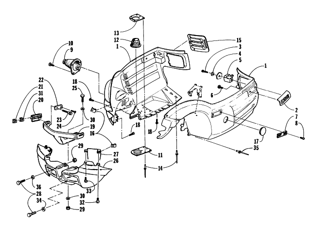 Parts Diagram for Arctic Cat 1997 PUMA 2-UP SNOWMOBILE BELLY PAN AND FRONT BUMPER ASSEMBLY