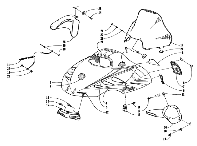 Parts Diagram for Arctic Cat 1997 PUMA 2-UP SNOWMOBILE HOOD AND WINDSHIELD ASSEMBLY