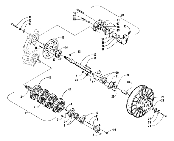 Parts Diagram for Arctic Cat 1997 EXT 600 SNOWMOBILE DRIVE TRAIN SHAFTS AND BRAKE ASSEMBLIES