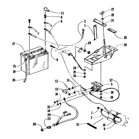 Parts Diagram for Arctic Cat 1997 EXT 580 EFI DLX SNOWMOBILE BATTERY, SOLENOID, AND CABLES
