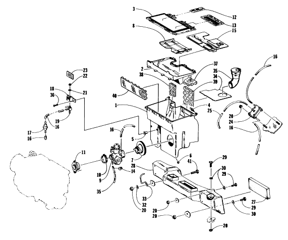 Parts Diagram for Arctic Cat 1997 JAG DLX SNOWMOBILE CARBURETOR, FUEL PUMP, AND SILENCER