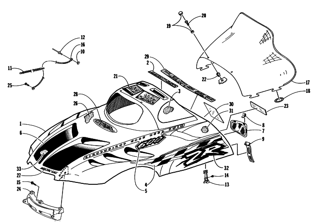 Parts Diagram for Arctic Cat 1998 ZR 600 (JANUARY) SNOWMOBILE HOOD AND WINDSHIELD ASSEMBLY