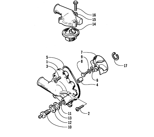 Parts Diagram for Arctic Cat 2000 ZR 500 SNOWMOBILE WATER PUMP AND THERMOSTAT
