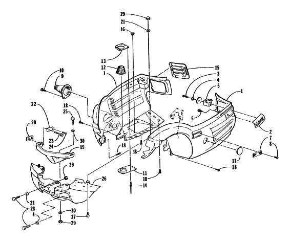 Parts Diagram for Arctic Cat 1998 JAG 440 DELUXE SNOWMOBILE BELLY PAN AND FRONT BUMPER ASSEMBLY