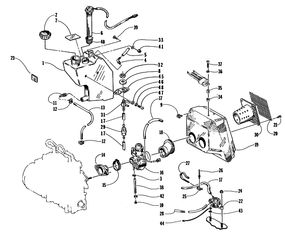 Parts Diagram for Arctic Cat 1998 COUGAR MOUNTAIN CAT SNOWMOBILE OIL TANK, CARBURETOR, FUEL PUMP, AND SILENCER