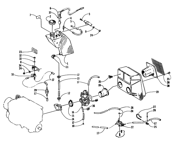 Parts Diagram for Arctic Cat 1998 BEARCAT 440 SNOWMOBILE OIL TANK, CARBURETOR, FUEL PUMP, AND SILENCER