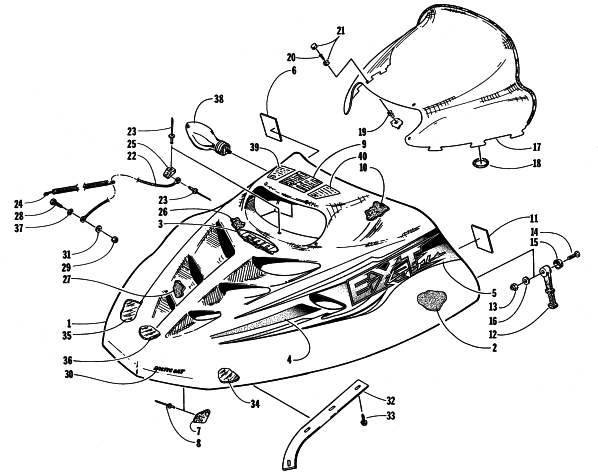 Parts Diagram for Arctic Cat 1998 EXT 600 TOUR SNOWMOBILE HOOD AND WINDSHIELD ASSEMBLY