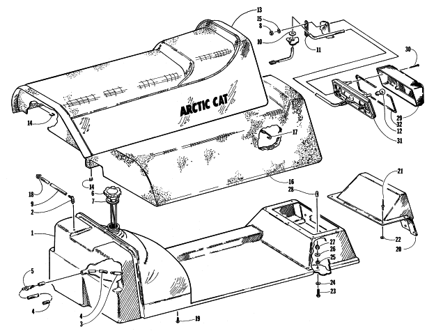 Parts Diagram for Arctic Cat 1998 BEARCAT 340 SNOWMOBILE GAS TANK AND SEAT ASSEMBLIES