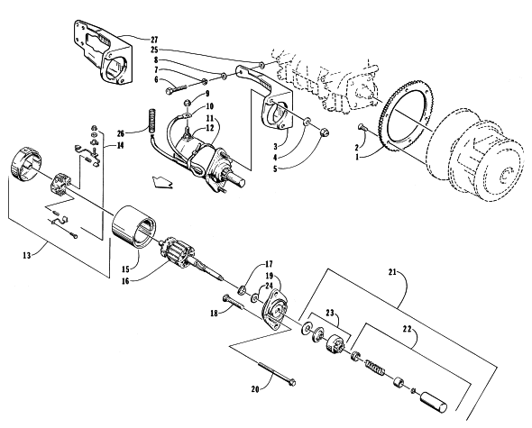 Parts Diagram for Arctic Cat 1998 BEARCAT 440 SNOWMOBILE ELECTRIC START - STARTER MOTOR ASSEMBLY