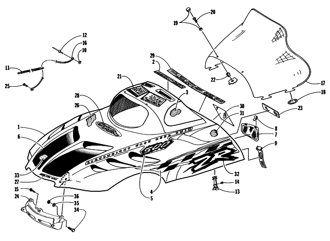 Parts Diagram for Arctic Cat 1998 ZR 500 (2ND RUN) SNOWMOBILE HOOD AND WINDSHIELD ASSEMBLY