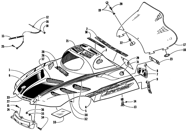 Parts Diagram for Arctic Cat 1998 POWDER SPECIAL 600 SNOWMOBILE HOOD AND WINDSHIELD ASSEMBLY