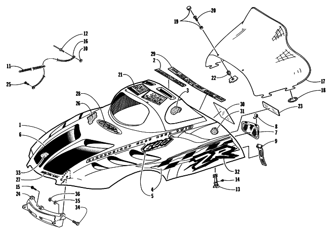 Parts Diagram for Arctic Cat 1998 ZR 600 (2ND RUN) SNOWMOBILE HOOD AND WINDSHIELD ASSEMBLY