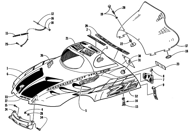 Parts Diagram for Arctic Cat 1998 ZL 500 SNOWMOBILE HOOD,WINDSHIELD ASSEMBLY