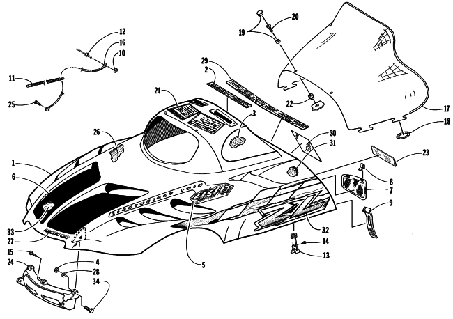 Parts Diagram for Arctic Cat 1998 ZL 440 SNOWMOBILE HOOD AND WINDSHIELD ASSEMBLY