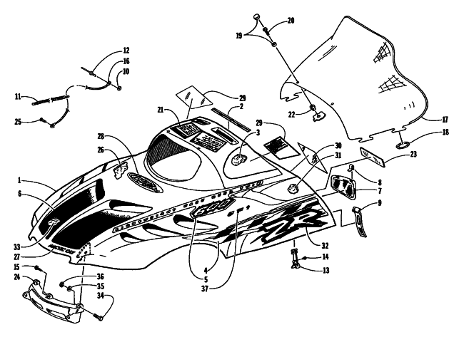 Parts Diagram for Arctic Cat 1998 ZR 600 EFI LE () SNOWMOBILE HOOD AND WINDSHIELD ASSEMBLY