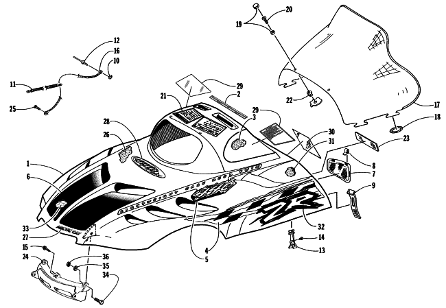 Parts Diagram for Arctic Cat 1998 ZR 440 SNOWMOBILE HOOD AND WINDSHIELD ASSEMBLY