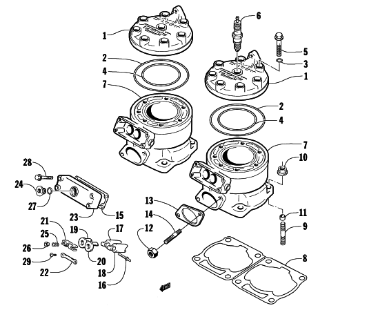 Parts Diagram for Arctic Cat 1998 ZR 440 SNO-PRO SNOWMOBILE CYLINDER AND HEAD ASSEMBLY