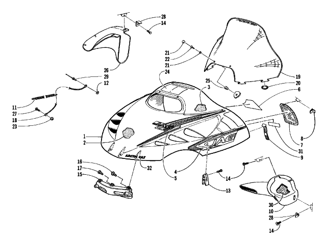 Parts Diagram for Arctic Cat 1999 JAG 440 DLX SNOWMOBILE HOOD AND WINDSHIELD ASSEMBLY