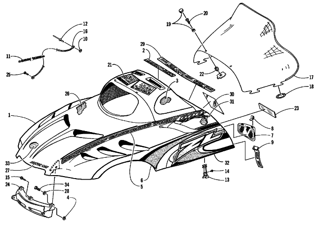 Parts Diagram for Arctic Cat 1999 ZL 600 SNOWMOBILE HOOD AND WINDSHIELD ASSEMBLY