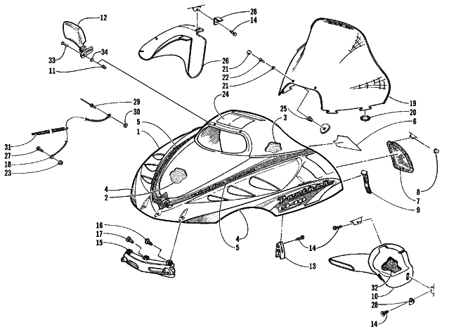 Parts Diagram for Arctic Cat 1999 PANTHER 440 SNOWMOBILE HOOD AND WINDSHIELD ASSEMBLY