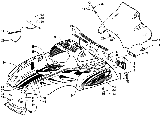 Parts Diagram for Arctic Cat 1999 ZR 600 EFI SNOWMOBILE HOOD AND WINDSHIELD ASSEMBLY