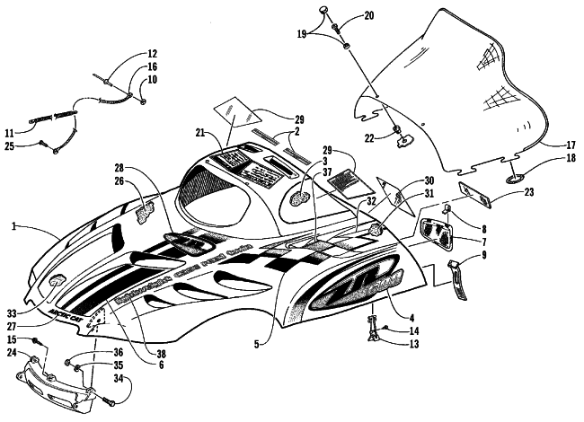 Parts Diagram for Arctic Cat 1999 ZR 600 EFI LE SNOWMOBILE HOOD AND WINDSHIELD ASSEMBLY