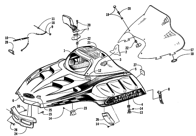 Parts Diagram for Arctic Cat 1999 TRIPLE TOURING SNOWMOBILE HOOD AND WINDSHIELD ASSEMBLY
