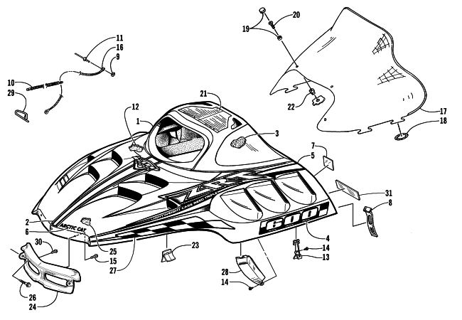 Parts Diagram for Arctic Cat 1999 ZRT 600 SNOWMOBILE HOOD AND WINDSHIELD ASSEMBLY