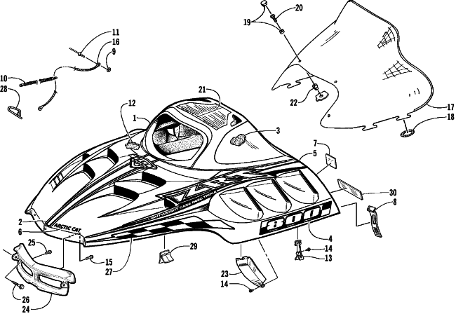 Parts Diagram for Arctic Cat 1999 ZRT 800 SNOWMOBILE HOOD AND WINDSHIELD ASSEMBLY